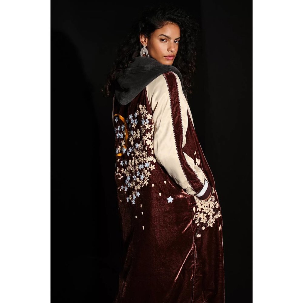 Free People Burgundy and Cream Embroidered Coat